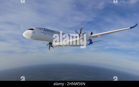 Wasserstoff gefüllt H2 Flugzeug fliegt am Himmel - Energiekonzept der Zukunft H2. 3D Rendern Stockfoto