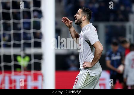 Bergamo, Italien, 17. Februar 2022. Kostas Manolas Verteidiger von Olympiacos Pireo F.C. während des Europa League Fußballspiels zwischen Atalanta und Olympiacos im Gevisstadion am 17. Februar 2022 in Bergamo, Italien. Quelle: Stefano Nicoli/Speed Media/Alamy Live News Stockfoto