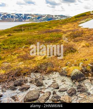 Erstaunliches Vavatn Seenpanorama raue Landschaft Blick Felsen Felsbrocken und Berge mit Schnee im Sommer in Hemsedal Norwegen. Stockfoto