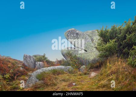 Malerische Felsen wie ein schlafender Löwe oder ein schlafender Riese auf dem Gipfel des Petit Ballon in der Region Alscae, Frankreich Stockfoto