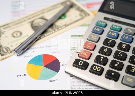 Taschenrechner, US-Dollar-Banknoten und Stift auf Diagramme und Grafiken Papier. Finanzen, Konto, Statistiken, Analytische Forschungsdaten und Geschäftstreffen Stockfoto