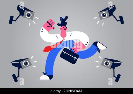 Gefühl, Stress sei spät Konzept. Junge gestresste Geschäftsmann Arbeiter Zeichentrickfigur läuft Blick auf Kameras Fixierung ihn zu spät zur Arbeit Stockfoto