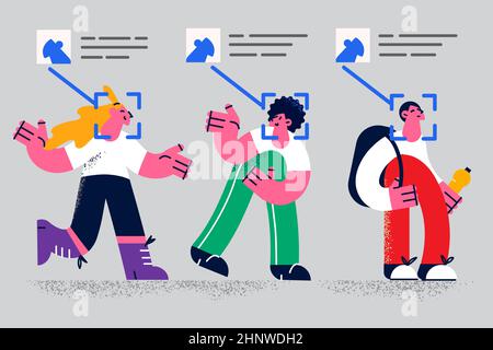 Gesichtsidentität und Identifikationskonzept. Junge lächelnde Menschen Comic-Figuren stehen mit Scan auf Gesichtern und Ausweise in der Nähe mit persönlichen Stockfoto