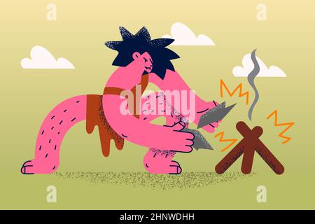 Altes Lifestyle- und Kulturkonzept. Mann aboriginal Zeichentrickfigur trägt Haut sitzen und machen Feuer mit Holz und Stein Vektor Illustration Stockfoto