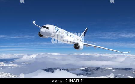 Wasserstoff gefüllt H2 Flugzeug fliegt am Himmel - Energiekonzept der Zukunft H2. 3D Rendern Stockfoto