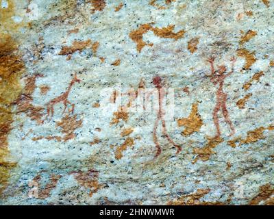 Buschmänner (San) rock Malerei von Mensch und Antilopen, Drakensberge, Südafrika Stockfoto