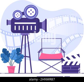 Film Premiere Show oder Kino mit Kamera, Popcorn, Clapperboard, Film Tape und Reel in Flat Design Hintergrund Illustration Stock Vektor