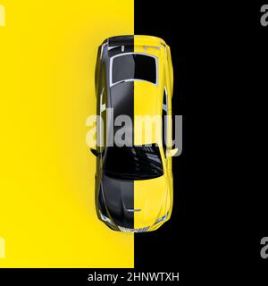 Gelber Sportwagen von oben gesehen, abwechselnd schwarz und gelb. 3d-Rendering Stockfoto