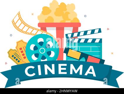 Film Premiere Show oder Kino mit Kamera, Popcorn, Clapperboard, Film Tape und Reel in Flat Design Hintergrund Illustration Stock Vektor