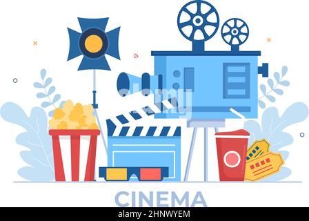 Film Premiere Show oder Kino mit Kamera, Popcorn, Clapperboard, Film Tape und Reel in Flat Design Hintergrund Illustration Stock Vektor