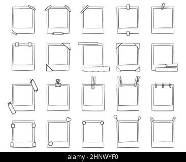 Satz von handgezeichneten schwarzen linearen polaroidrahmen, die mit Stiften und Bändern auf weißem Hintergrund befestigt sind. Stock Vektor