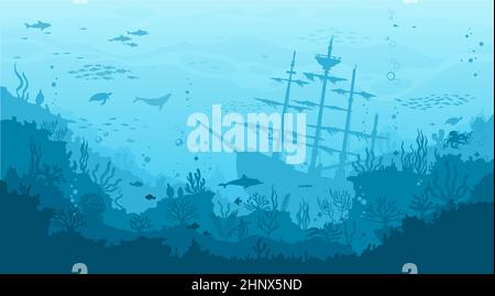Unterwasserlandschaft im Ozean mit versunkenem Segelschiff, Algen und Riff. Tiefsee-Welt, Meeresboden Landschaft Vektor Hintergrund mit Unterwasserleben. Meeresboden Stock Vektor