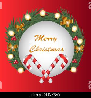 Frohe Weihnachten und Frohes neues Jahr. Trendige UrlaubsGrußkarte mit Schriftzug, Weihnachtsbaum und Kiefer, Girlande - Illustration Stockfoto