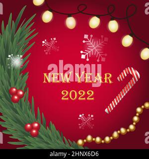 Frohe Weihnachten und Frohes neues Jahr. Trendige UrlaubsGrußkarte mit Schriftzug, Weihnachtsbaum und Kiefer, Girlande - Illustration Stockfoto