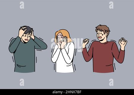 Panik und Angst sein Konzept. Gruppe von jungen Menschen stehen berühren Wangen Gesichter Köpfe Gefühl verrückt Angst Panik Vektor Illustration Stockfoto