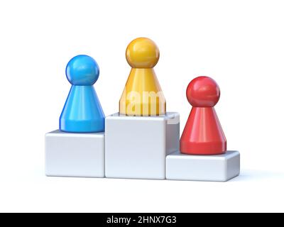 Spielfiguren auf Siegerpodium 3D-Rendering-Illustration isoliert auf weißem Hintergrund Stockfoto