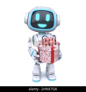 Niedlicher blauer Roboter gibt git box 3D Rendering Illustration isoliert auf weißem Hintergrund Stockfoto