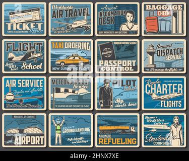 Vektor für Flugdienste, Retro-Poster, Ticketbüro, Charterflüge, Flugreisen, flughafeninformationsschalter, Gepäckkontrolle, Pilotenschule und Stock Vektor