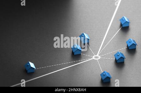 3d-Darstellung einer durchgehenden Linie, die von sieben Häusern umgeben ist, die durch gedrosselte Linien miteinander verbunden sind. Letzte Meile oder Kilometer Lieferung. Logistikkonzept über schwarz b Stockfoto