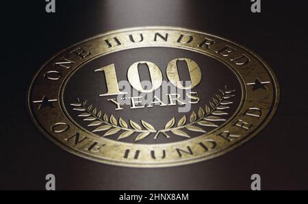 Goldene Markierung auf schwarzem Hintergrund mit dem Text 10O Jahre. Konzept für eine Ankündigung zum 100-jährigen Jubiläum. 3D-Illustration. Stockfoto