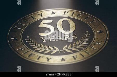 Goldene Markierung auf schwarzem Hintergrund mit dem Text 50 Jahre. Konzept für eine Ankündigung zum 50-jährigen Bestehen. 3D-Illustration. Stockfoto