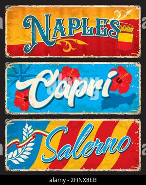 Neapel, Capri, Salerno italienische Reise Aufkleber und Teller. Europäische Städte und Insel Zinnschilder oder Vintage-Vektor-Aufkleber. Italien Reise Postkarten wit Stock Vektor