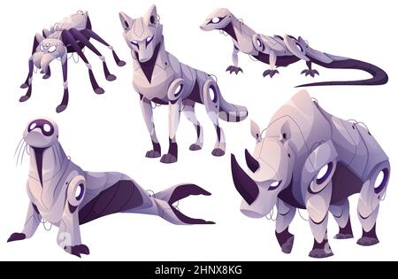 Roboter Tiere, Cyborgs Spinne, Wolf, Eidechse, Robbe und Nashorn Comic-Figuren. Futuristische Technologie Cyber Monster, Robotik elektronische Maschinen Persönlichkeiten, digitale Objekte isoliert Vektor-Set Stock Vektor