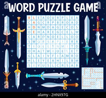 Fantasy-Klingen, Schwerter und magische Dolche auf Wortsuche Puzzle-Spiel Arbeitsblatt. Kinder-Quiz-Raster, Rätsel oder Lernspiel, Intelligenztest mit Voda Stock Vektor