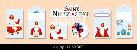 Preisschilder aus hellem Festpapier oder Geschenkanhänger in verschiedenen Formen. Set von Aufklebern für den Tag des Heiligen Nikolaus. St. Nikolaus Tag, Mikulas, Sinterklaas Ev Stockfoto