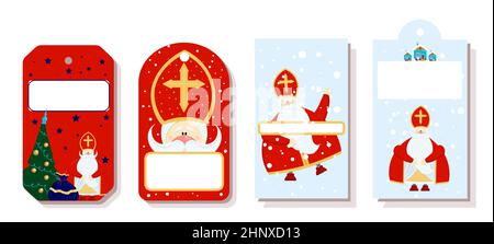 Preisschilder aus hellem Festpapier oder Geschenkanhänger in verschiedenen Formen. Set von Aufklebern für den Tag des Heiligen Nikolaus. St. Nikolaus Tag, Mikulas, Sinterklaas Ev Stockfoto