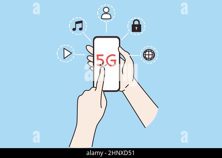 Person halten modernes Smartphone mit 5G Netz, mobile Provider-Verbindung. Kunden oder Kunden verwenden neue Technologie der Ära auf Handy-Gadget. Kommu Stockfoto