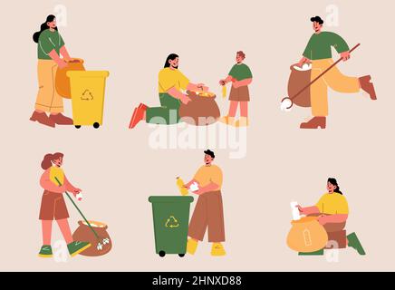 Die Menschen sammeln Müll und sortieren Abfall. Vector Set von Freiwilligen sammeln Kunststoff-und Bio-Müll in Säcken und bin für das Recycling. Flache Illustration von Frauen und Männern pflücken Müll mit Streu-Stöcken Stock Vektor