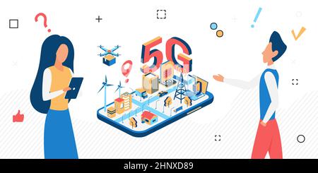 Moderne, innovative technologie der neuen generation 5G. Schnellstes globales drahtloses Mobilfunknetz Stock Vektor