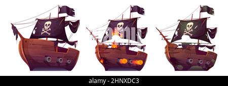 Piratenschiffe auf weißem Hintergrund isoliert. Holzboote mit schwarzen Segeln, Schießkanonen und fröhlicher roger-Flagge. Altes und neues Schlachtschiff, Lastkahn nach Schiffswrack und Seeschlacht Cartoon Vektorgrafik Stock Vektor