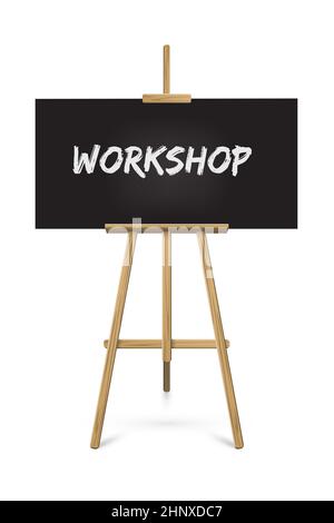 Staffelei mit Workshop-Text auf Papier auf weißem Hintergrund. Holzstativ mit lehrreicher Ankündigungsvektor-Illustration. Künstlerische Studio-Ausstattung Stock Vektor