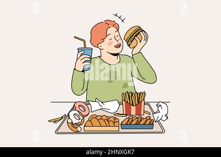 Ungesunde Ernährung in der Kindheit Konzept. Lächelnd fröhlich fettigen Jungen sitzen und essen Hamburger Donuts pommes frites trinken Limonade genießen Junk-Food-Vektor-Illustration Stock Vektor