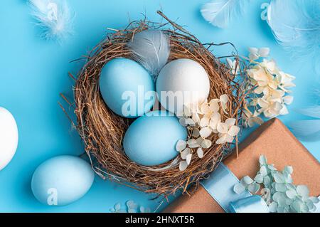 Osternest mit weißen und blauen Eiern, Federn und einem Geschenk auf blauem Hintergrund. Draufsicht, Nahaufnahme. Stockfoto