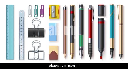 Realistisches Büromaterial, Schreibwerkzeuge, Büroklammern und Lineal. Stift, Bleistift, Marker, Spitzer und Radierer. 3D Schulbedarf Vektorset. Elemente fo Stock Vektor