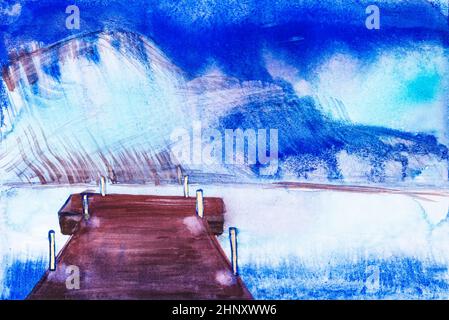 Alte hölzerne Pier am Bergsee in blauer Abenddämmerung - handbemalt mit nassbefüllten Aquarellen auf strukturiertem Aquarellpapier Stockfoto