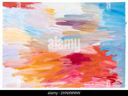 Abstrakte bunte Komposition von Pinselstrichen von Hand mit hellen Gouache-Farben auf weißem Papier gemalt Stockfoto