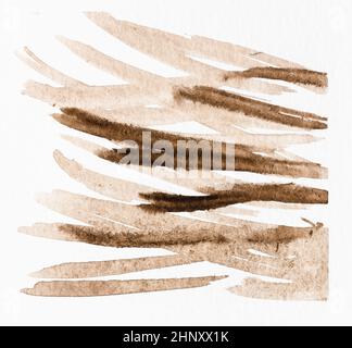 Beispiel für Aquarellmaltechnik handgezeichnet in Sepia-Farbe auf strukturiertem weißem Papier aus nächster Nähe - feuchte Pinselstriche mit verdünnter Aquarellfarbe Stockfoto