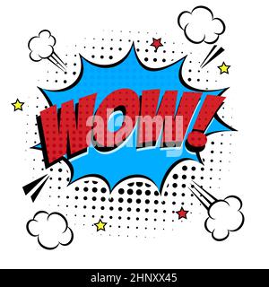 Comic-Schriftzug WOW! In der Rede Blase Comics Stil flaches Design. Stock Vektor