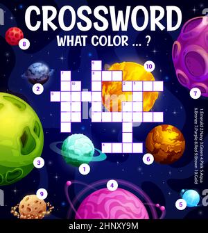 Cartoon Galaxie Raum Planeten Kreuzworträtsel Arbeitsblatt, finden Sie ein Wort Quiz Spiel. Vektor-Suche Puzzle für Kinder pädagogische Aktivität mit Fantasie außerirdischen Wor Stock Vektor