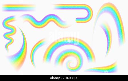 Realistische magische Regenbogenwellen mit Sternen und Glitzereffekt. Fantasy viel Glück regen Bogen. Rainbow farbige Form, Kurve und Spiralvektor-Set. Glühend Stock Vektor