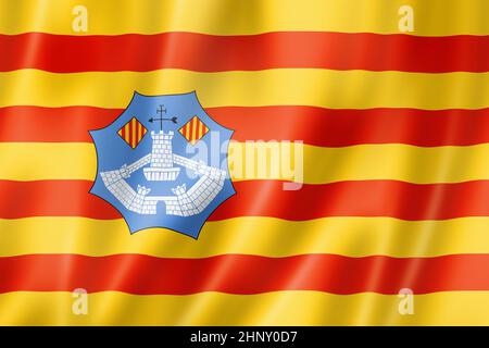 Menorca, Flagge der Balearen, Spanien winkende Bannersammlung. 3D-Illustration Stockfoto