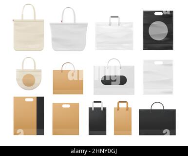 Realistische Einkaufspapier-, Kunststoff- und Stofftaschen-Mockups. Wiederverwendbare weiße Eco-Beutel mit Griff. Corporate Branding Taschen Design Vektor-Set. Einmalgebrauch Stock Vektor