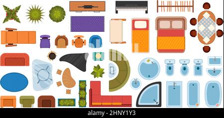 Flache Möbel-Ikonen für Innenraumgestaltung. Ess- und Wohnzimmer, Küche, Schlafzimmer und Badezimmer. Apartment Draufsicht Vektor-Set. Doppel- und Stock Vektor
