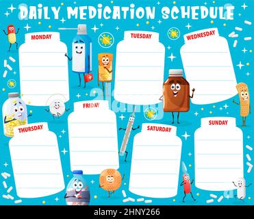Arbeitsblatt zum täglichen Medikationsplan mit Zeichentrickfilm-Vektordrogen, Pille und Medikationszeichen. Wochenplaner, Medikationsplan oder Gesundheitsplan, Spaß Stock Vektor