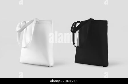 Modell eines weißen, schwarzen Totebacks mit Griffen nach unten 3D Rendering, stehend und isoliert auf dem Hintergrund. Set von struktureller Handtasche für den Einzelhandel, Einkaufen. Re Stockfoto