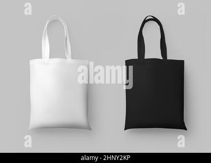 Modell aus weißem, schwarzem Totebag 3D Rendering, Handtasche für den Einzelhandel, Shopping, mit Platz für Design, Print. Vorlage von wiederverwendbaren Textur ecobag, hängend, Stockfoto